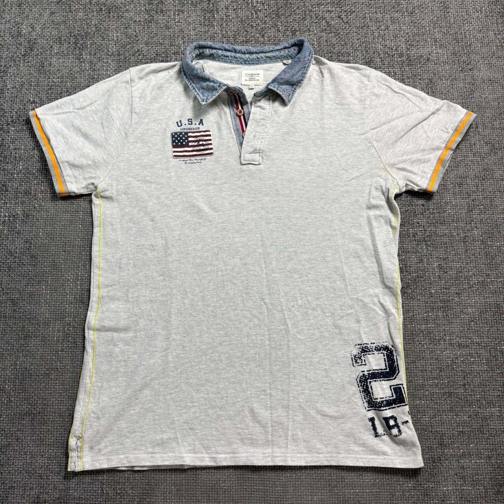 Lindbergh Polo Shirt Mens XL Grey Denim Collar USA Flag Patch Short Sleeve